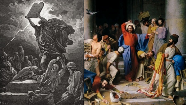 Left: Moses breaking the Tablets of the Law, Exodus by Gustave Doré (1832 – 1883). Right: Christ Cleansing the Temple by Carl Heinrich Bloch, 1875